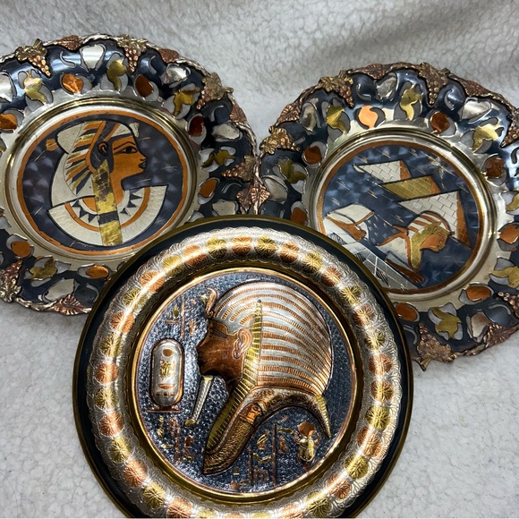 3 Vintage Egyptian Pyramid Sphinx Pharaoh etched mixed metal wall decor 9" - Picture 2 of 13